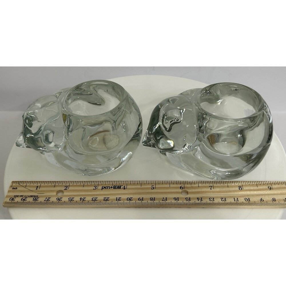 Vintage Sleeping Cat Clear Candle Holder Set Of 2 Indiana Glass Made In U.S.A - Picture 10 of 12